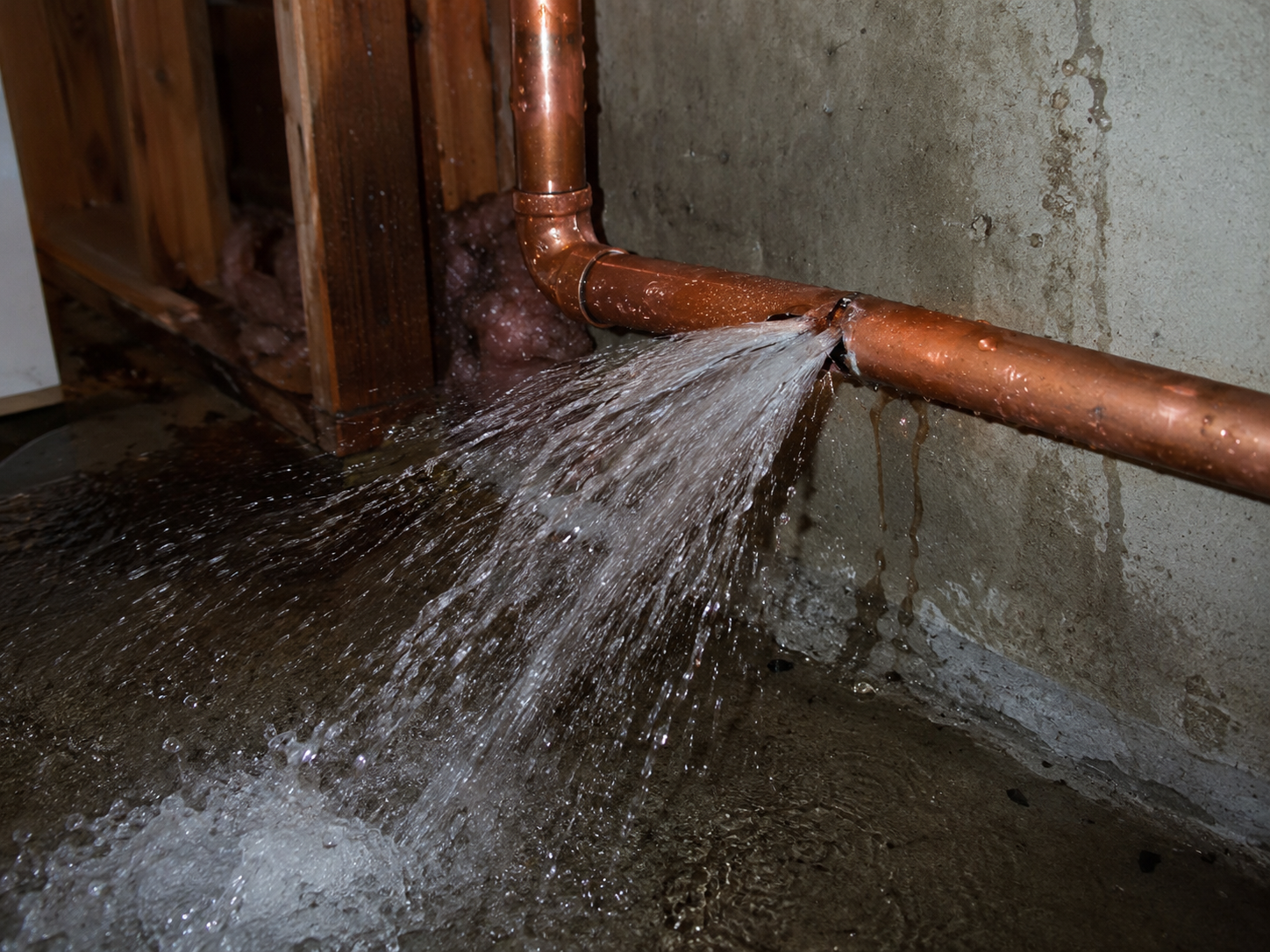 Burst pipe leaking water and requiring emergency cleanup
