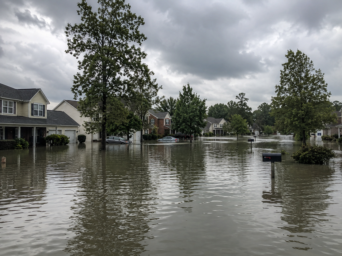 Neighborhood flooding after heavy storm water damage