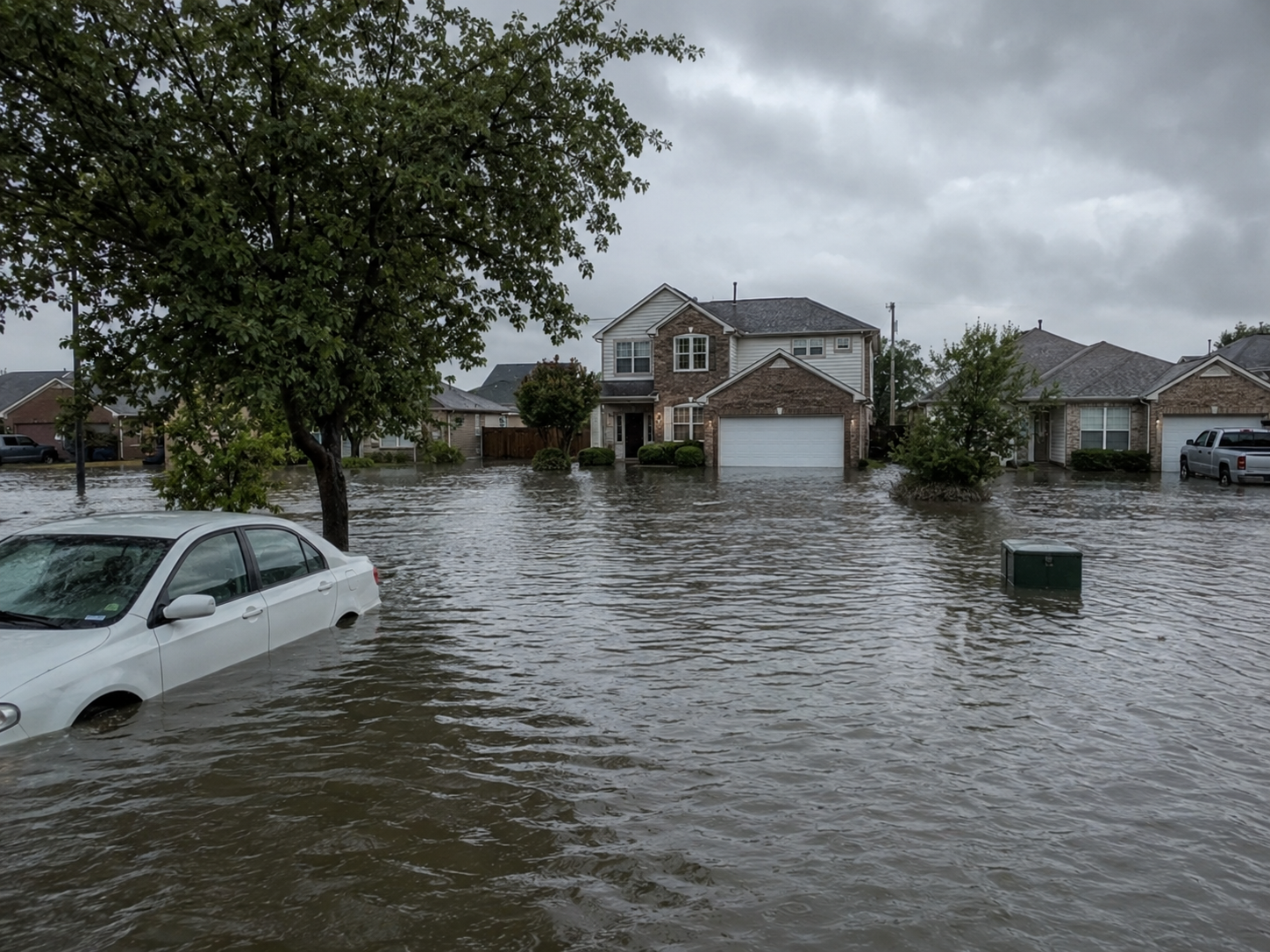 Neighborhood flooding after heavy storm water damage